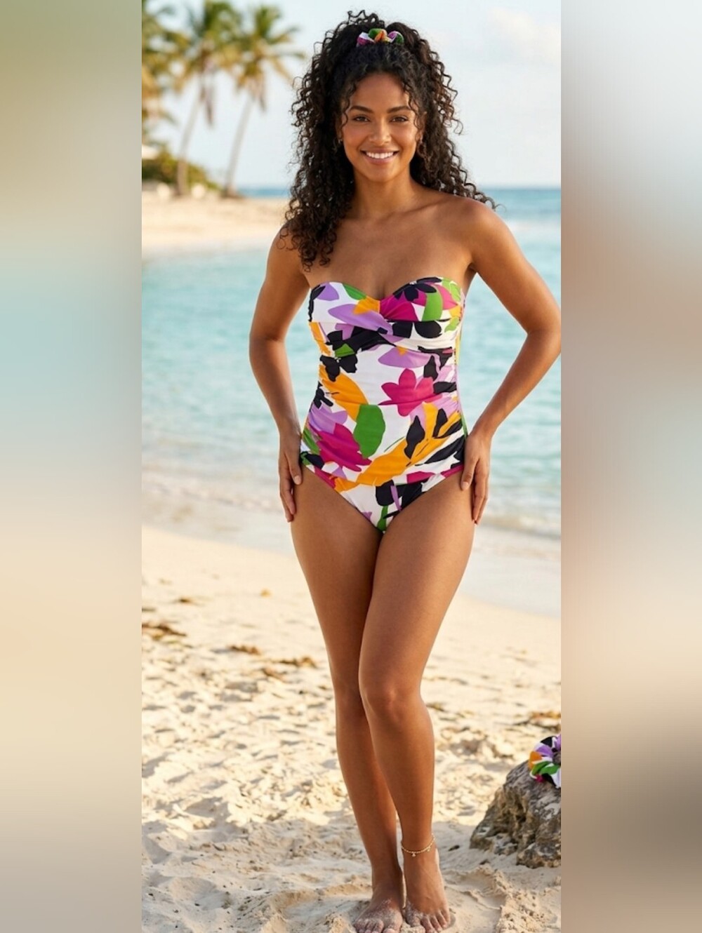 Anne Cole Multicolor Floral Twist Front Strapless One Piece Swimsuit Size 8